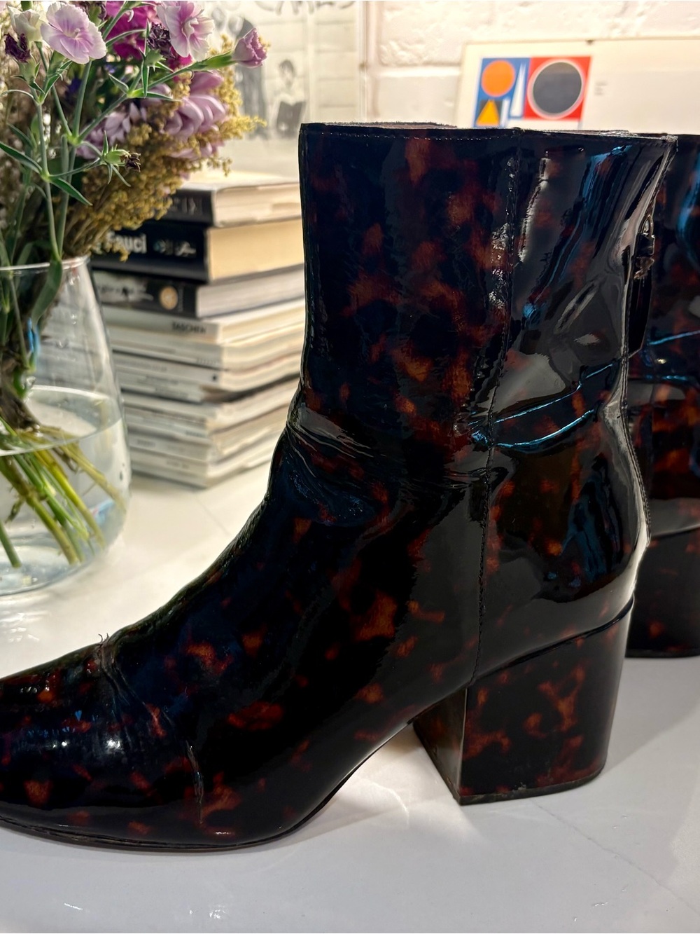 J. Crew Factory Tortoiseshell Patent Ankle Boots - Black & Brown - Picture 2 of 5